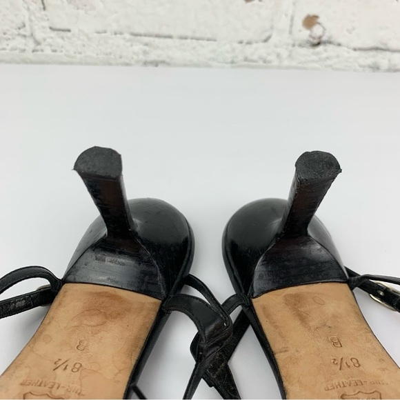 Vintage Gunmetal Italy Black Leather Slingback Fringe Tassel Sandal Heels 8.5B - Picture 8 of 10